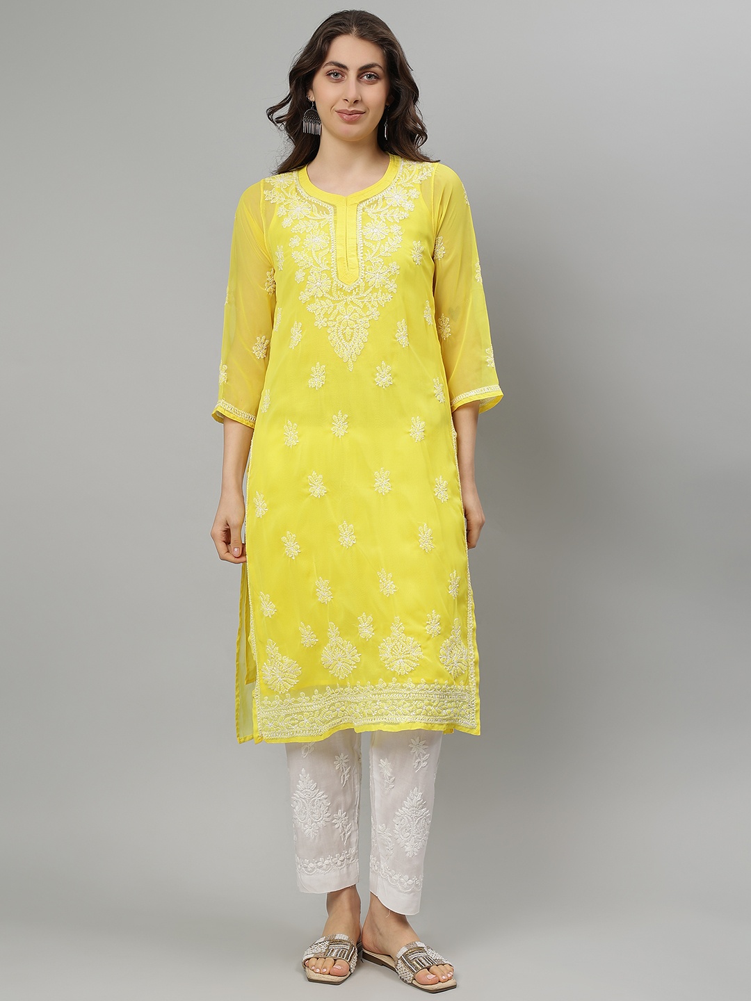 

Seva Chikan Floral Embroidered Notch Neck Georgette Lucknowi Chikankari Straight Kurta, Yellow