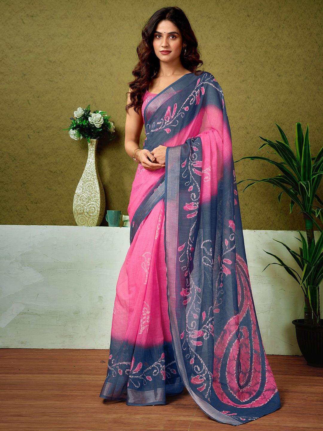 

all about you Paisley Zari Pure Linen Ready to Wear Tussar Saree, Pink