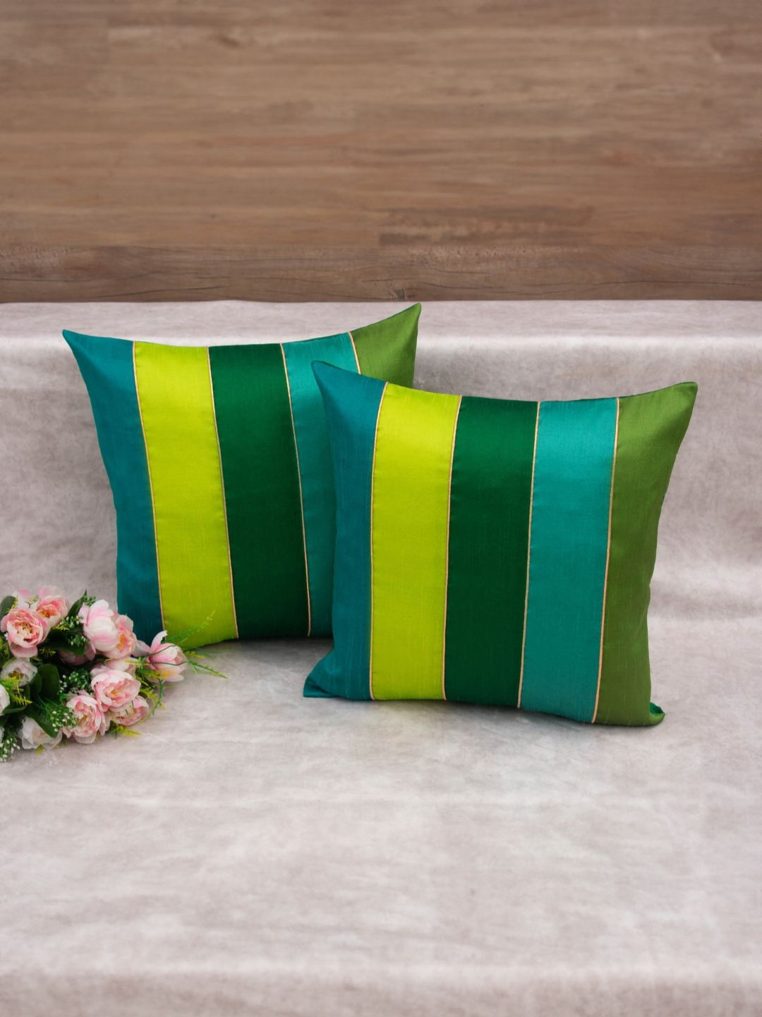 

RoyalDeco Green & Blue 2 Pieces Silk Striped Square Cushion Covers