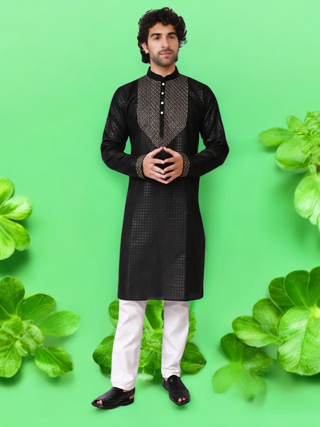 

Atly Men Ethnic Motifs Embroidered Empire Chikankari Kurta with Pyjamas, Black