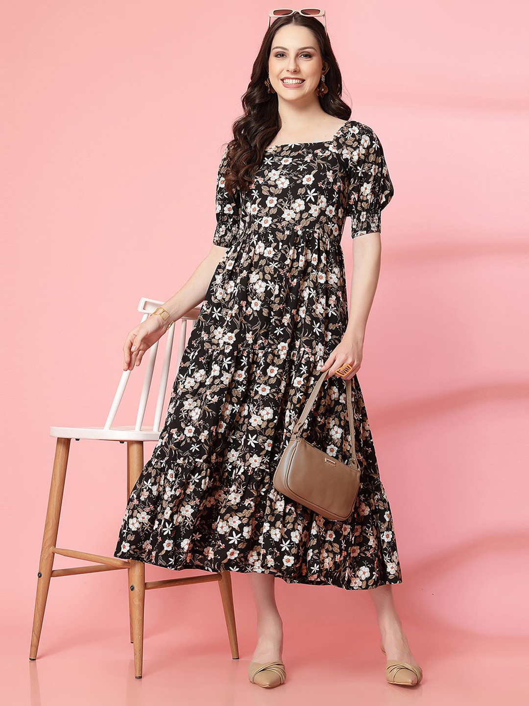 

Moda Rapido Print Puff Sleeve Fit & Flare Midi Dress, Black