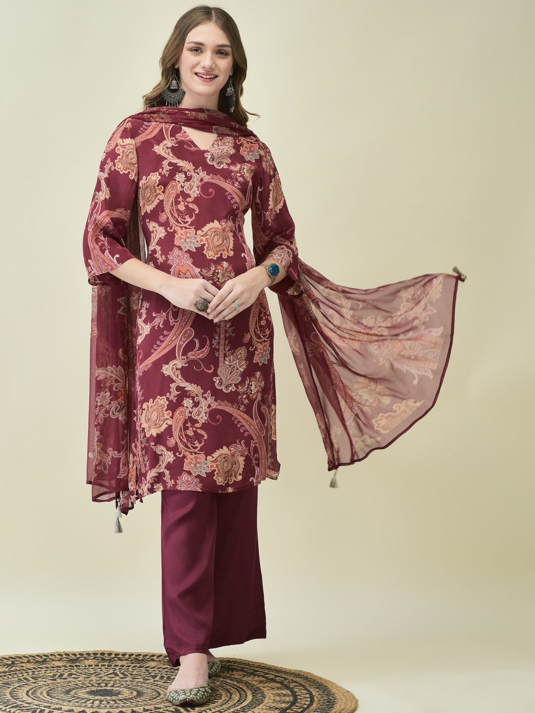 

Shree Women Paisley Printed Regular Kurta with Palazzos & With Dupatta, Burgundy