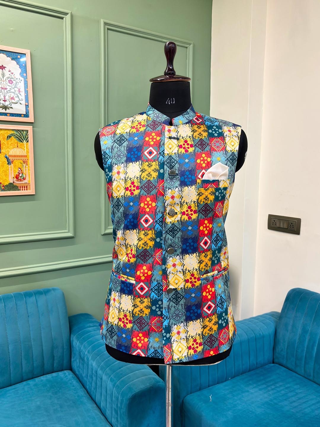 

JAIPURI CROWN Men Festive Wear Printed Nehru Jacket, Blue