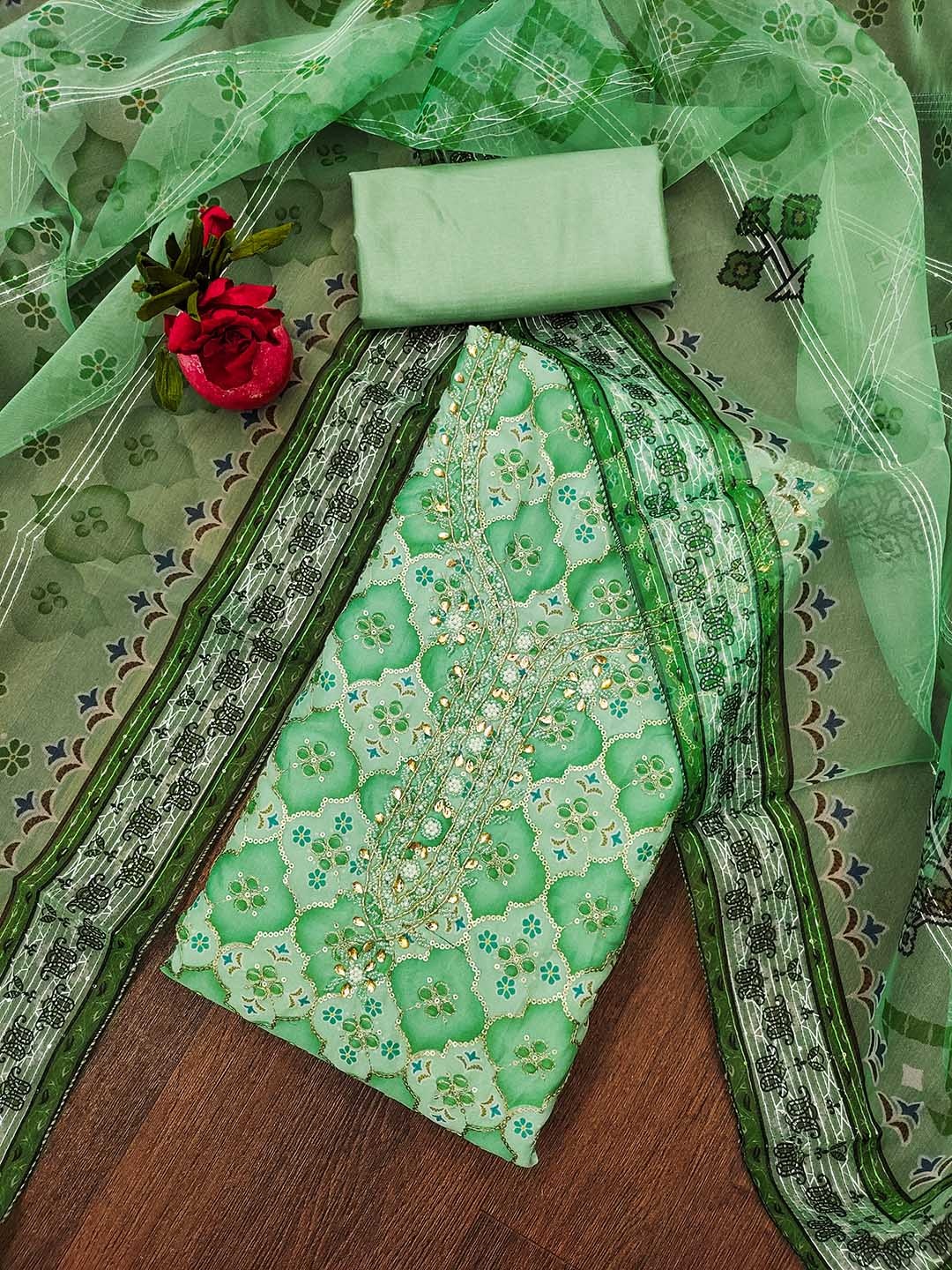 

BlissFlair Ethnic Motifs Printed Beads Work Organza Unstitched Dress Material, Green