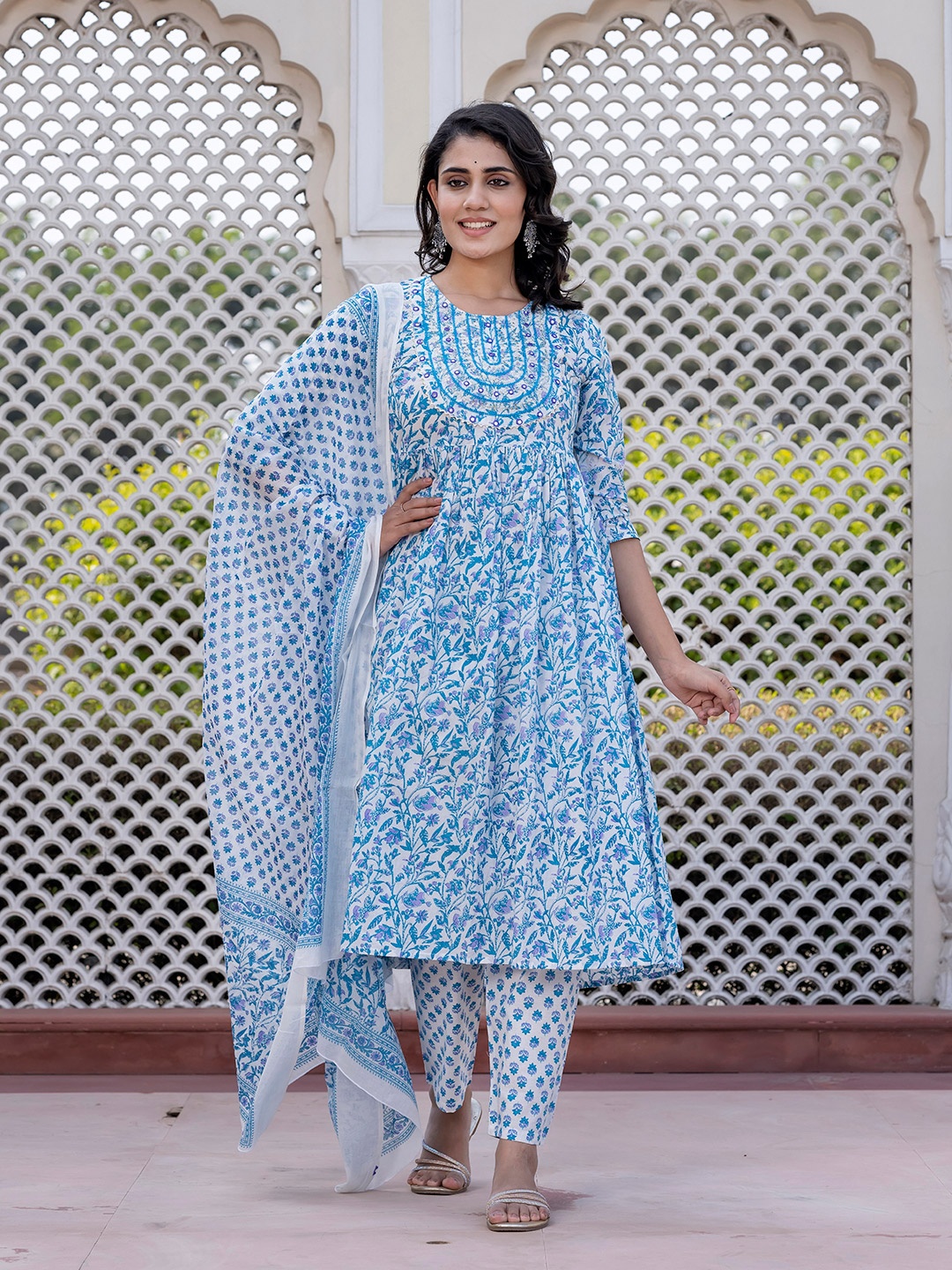 

KALINI Women Floral Embroidered Regular Pure Cotton Kurta with Trousers & With Dupatta, Turquoise blue