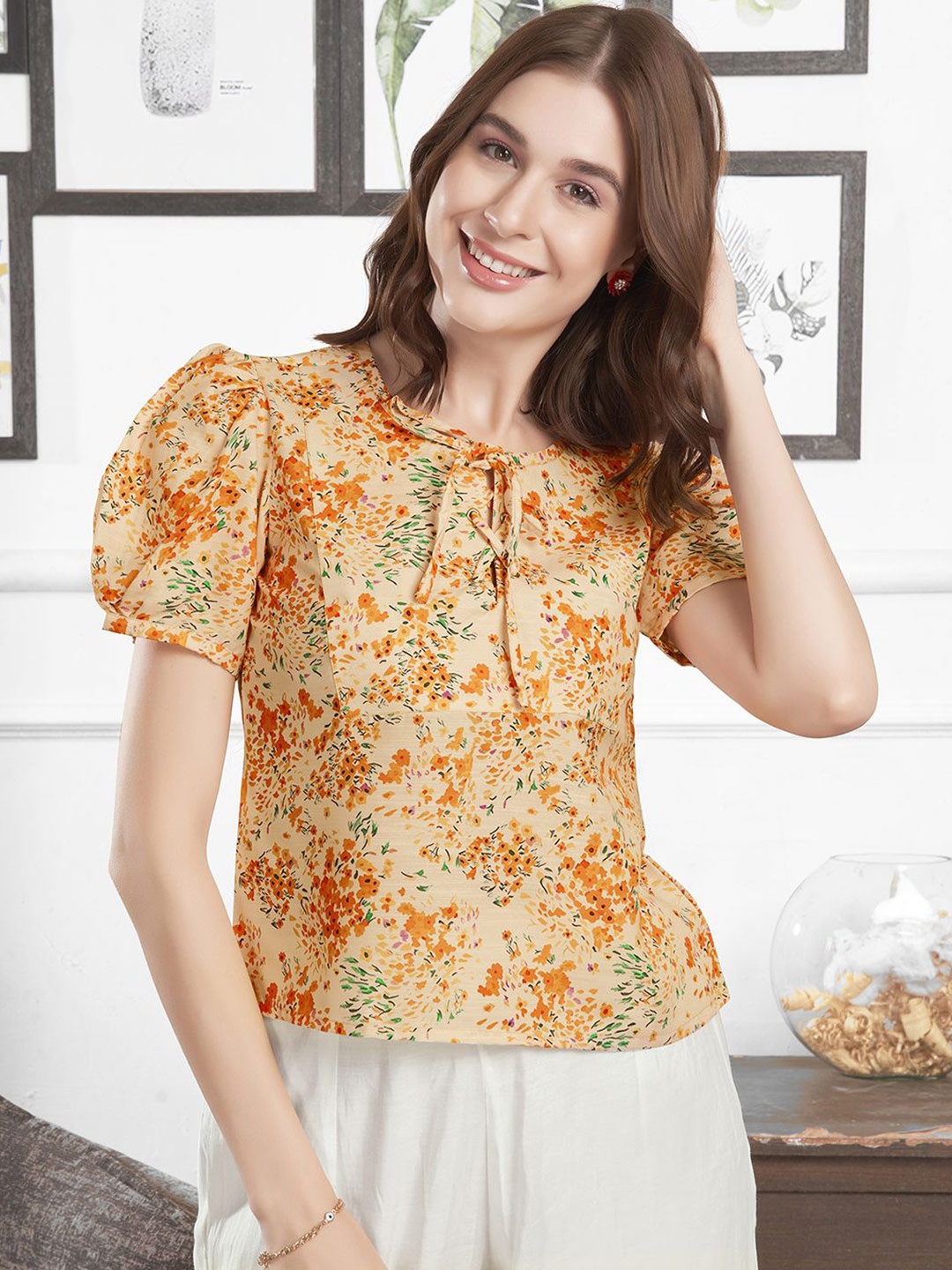 

Moda Rapido Floral Print Puff Sleeve Top, Cream