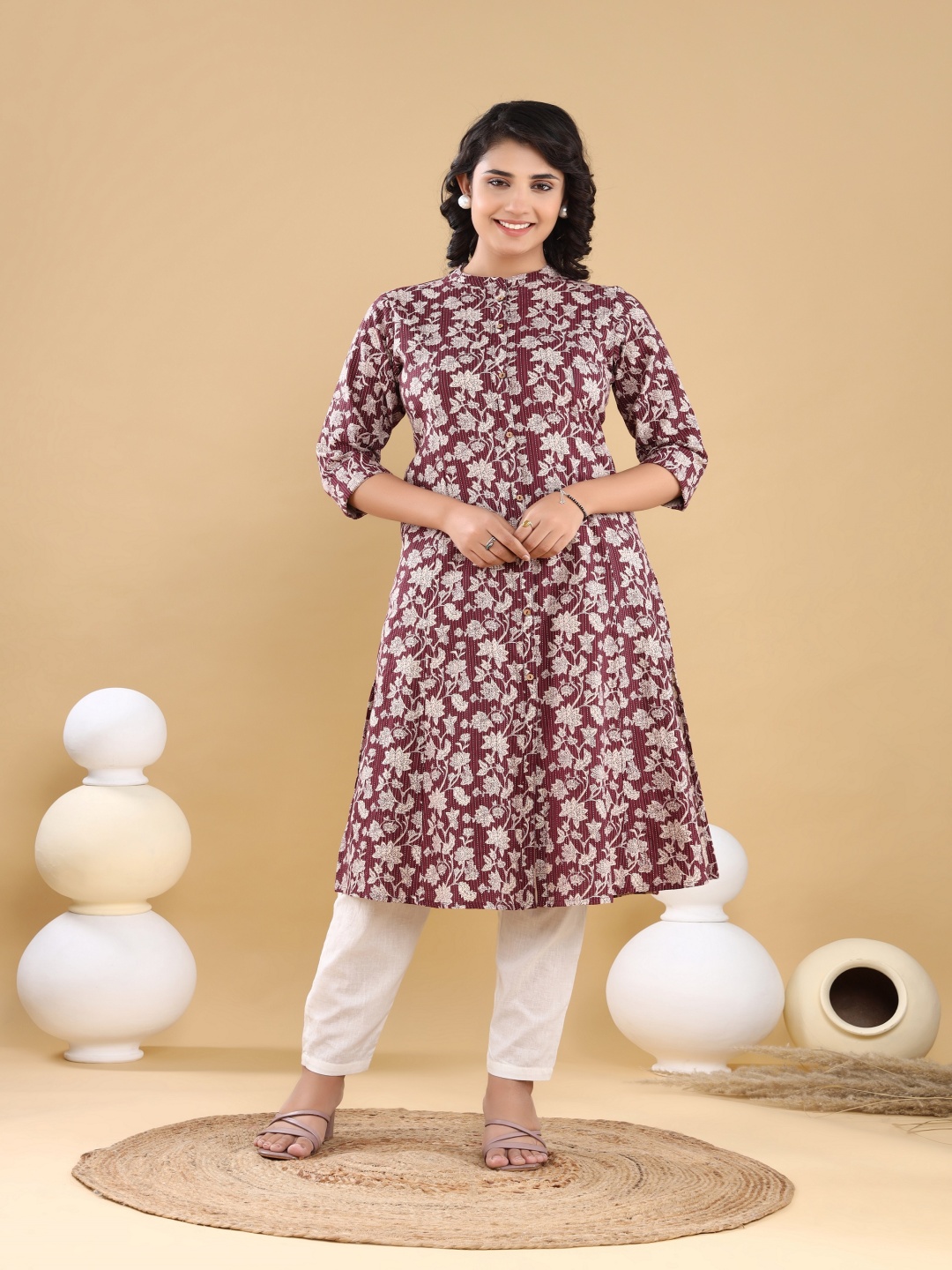 

VASVI Floral Printed Mandarin Collar Kantha Work A-Line Kurta, Brown
