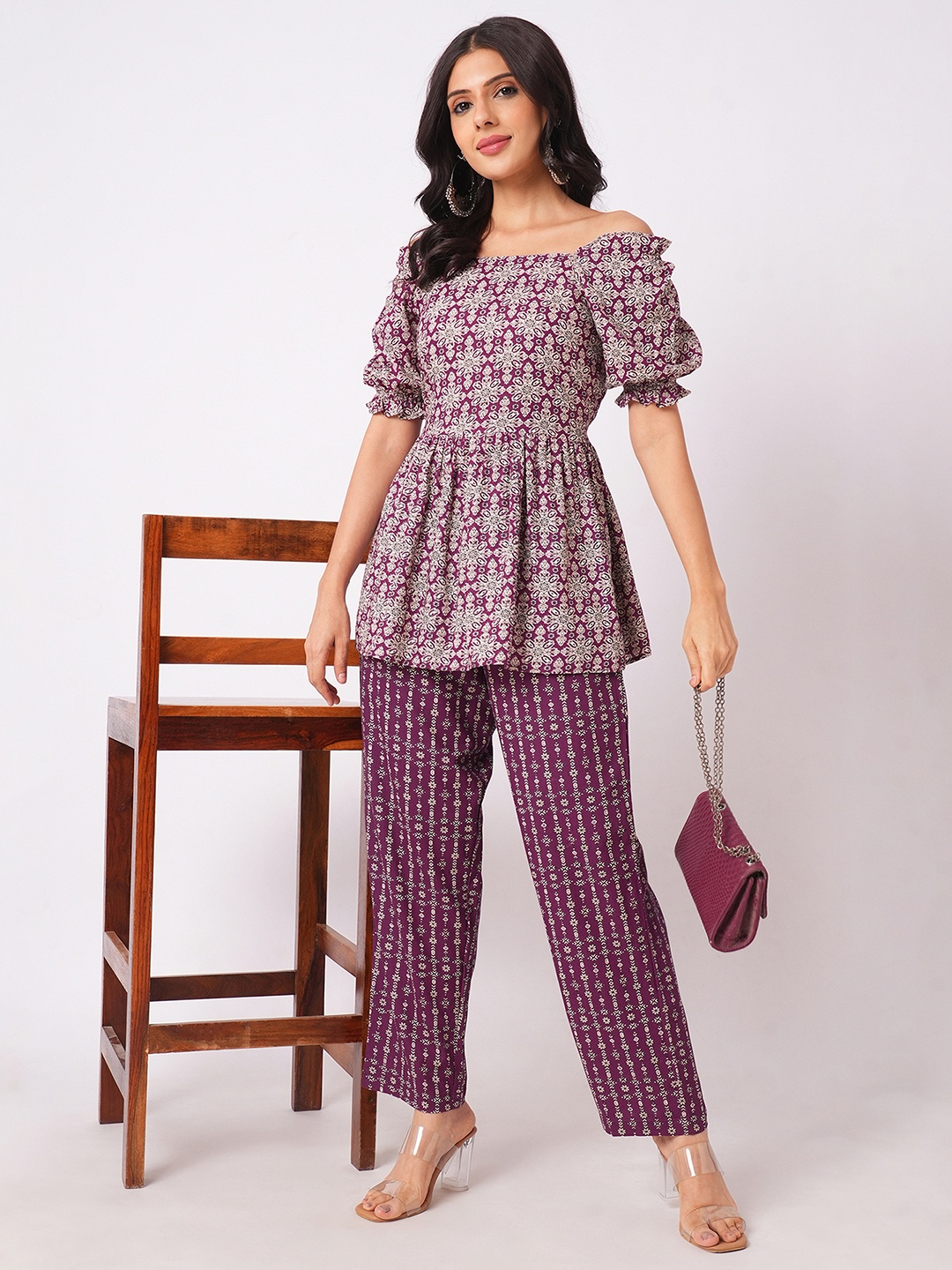 

Moda Rapido Printed Off-Shoulder Top With Trousers, Purple