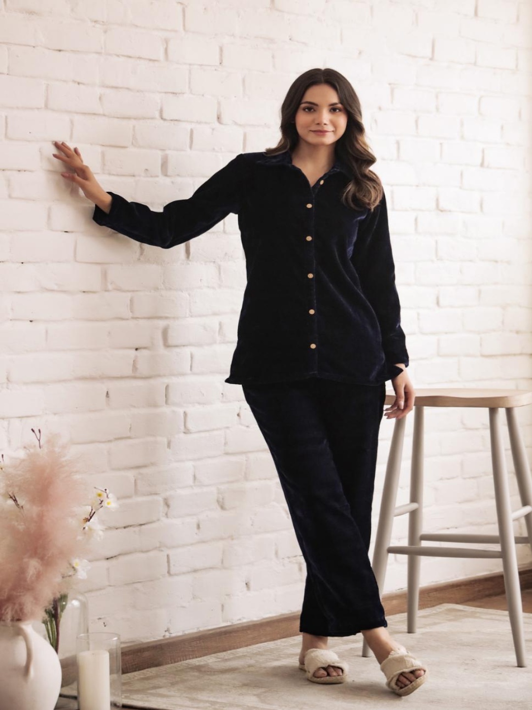 

FLAVIA CREATION Shirt Collar Shirt With Trousers Co-Ords, Navy blue