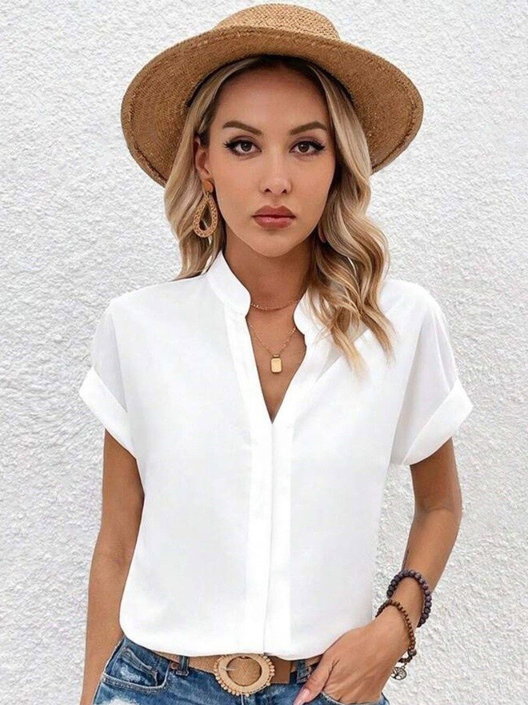 

KERI PERRY Women Mandarin Collar Shirt Type Top, White