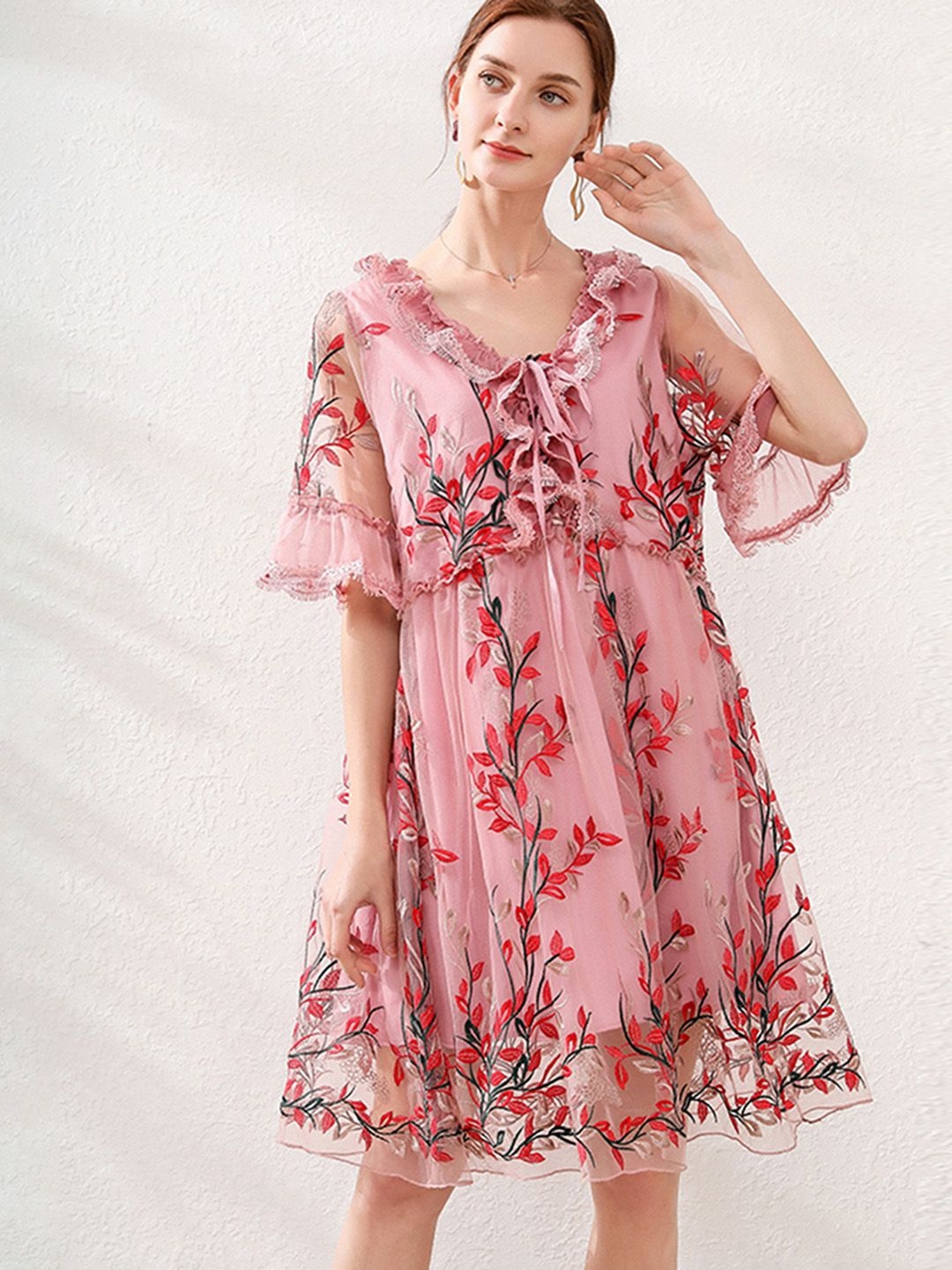 

JC Collection Floral Print Bell Sleeve Empire Dress, Pink