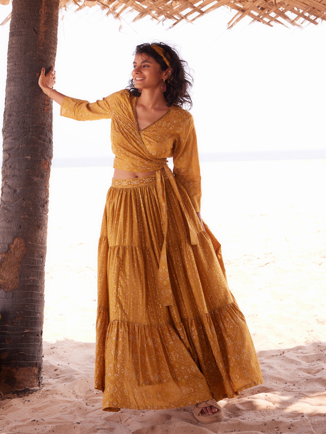 

Global Desi Printed V-Neck Crop Top With Skirt, Mustard
