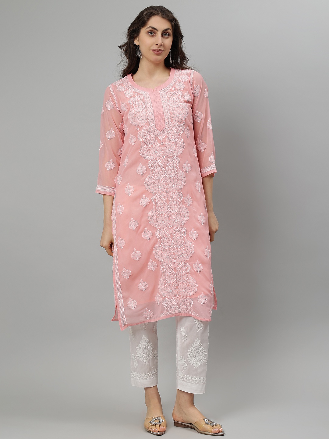 

Seva Chikan Floral Embroidered Georgette Lucknowi Chikankari Straight Kurta, Peach