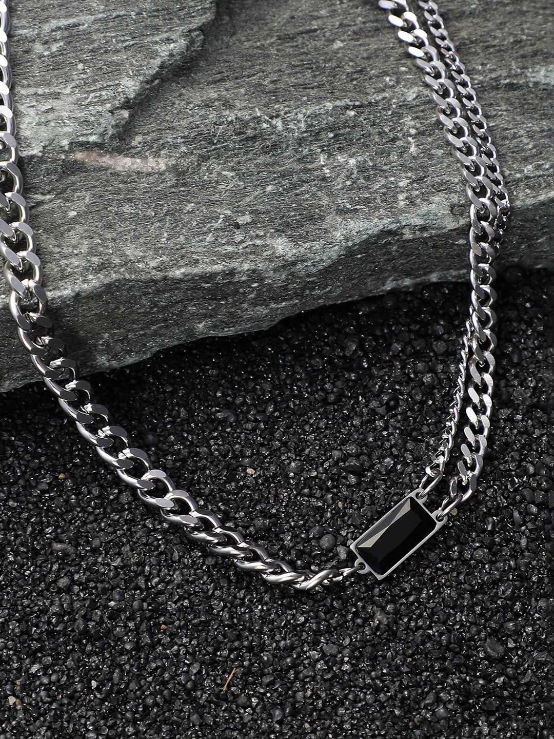 

French Accent Men Silver-Plated Artificial Stones Studded Minimal Chain