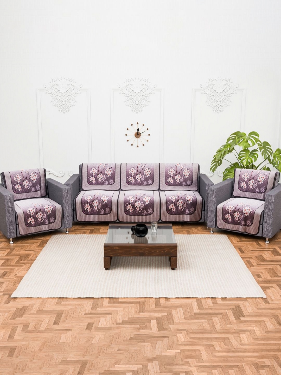 

Aura 10 Pieces Purple & Pink Floral Printed Cotton Sofa Covers