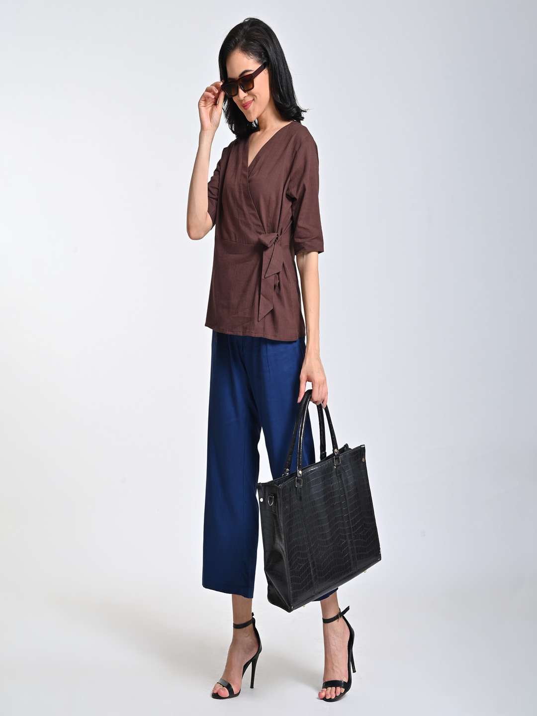

Saltpetre V-Neck Side Tie-Up Organic Cotton Top With Trousers Co-Ords, Coffee brown