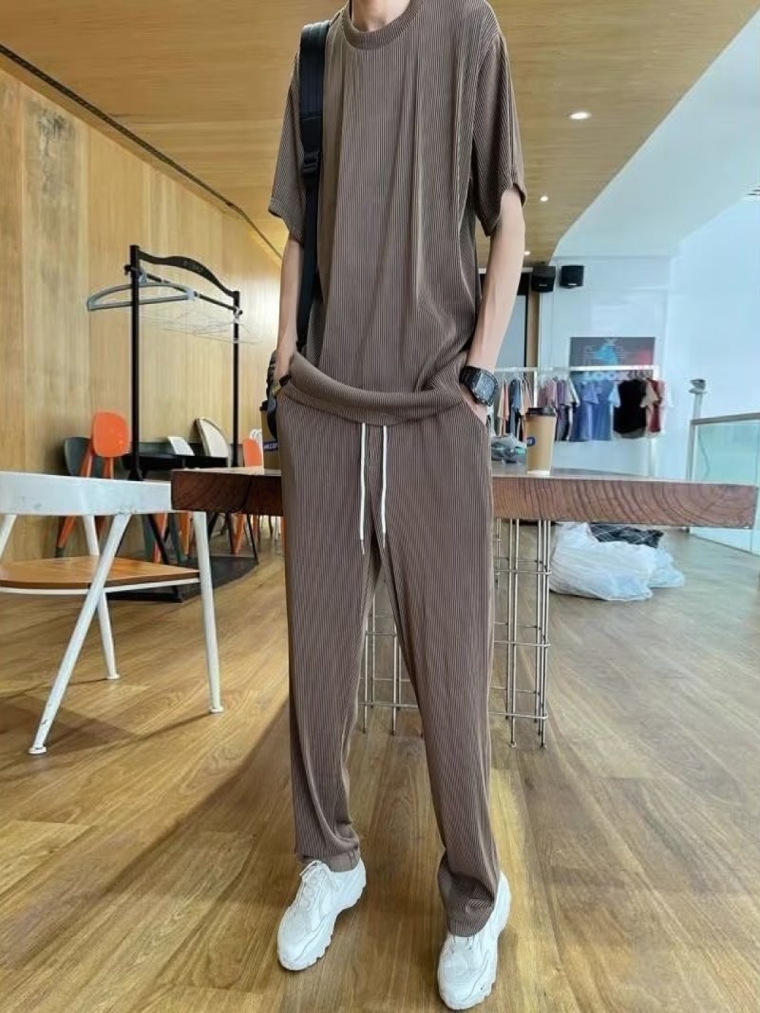 

StyleCast Round Neck T-Shirt With Trousers, Brown