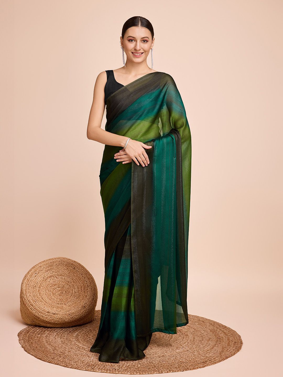 

VORIMA Striped Pure Chiffon Saree, Green