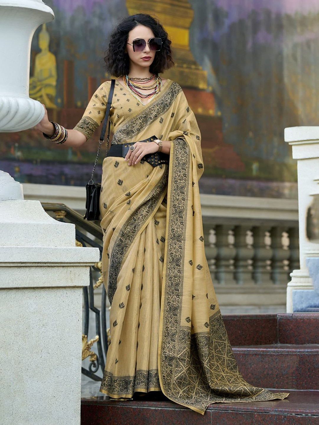 

DEVATITHI Yellow Linen Tissue Silk Saree, Beige