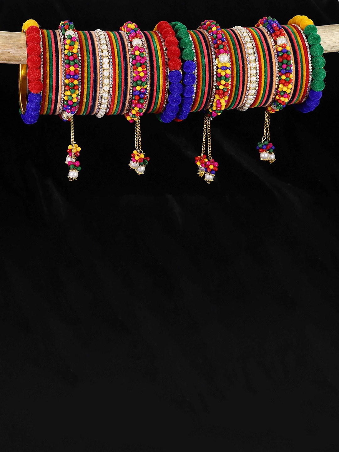 

ZULKA Set Of 74 Artificial Stone Studded & Beaded Latkan Bangles, Gold