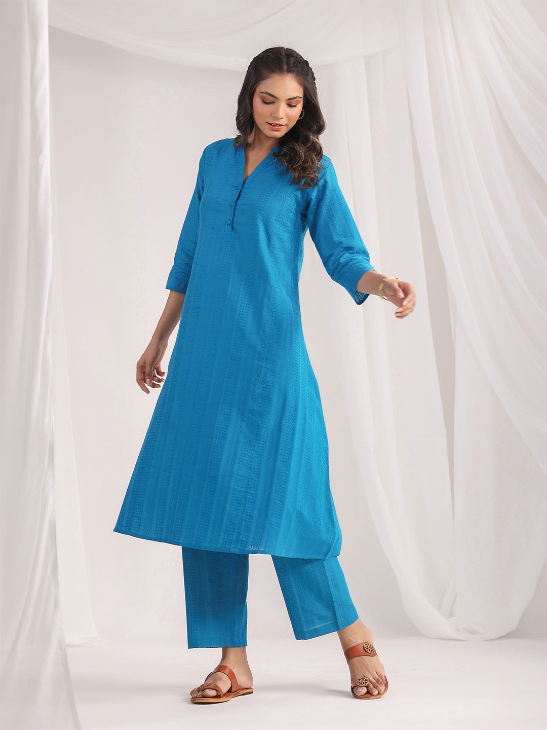 

KALINI Self Desgin A-line Mandarin Collar Pure Cotton Tunic & Trousers, Blue