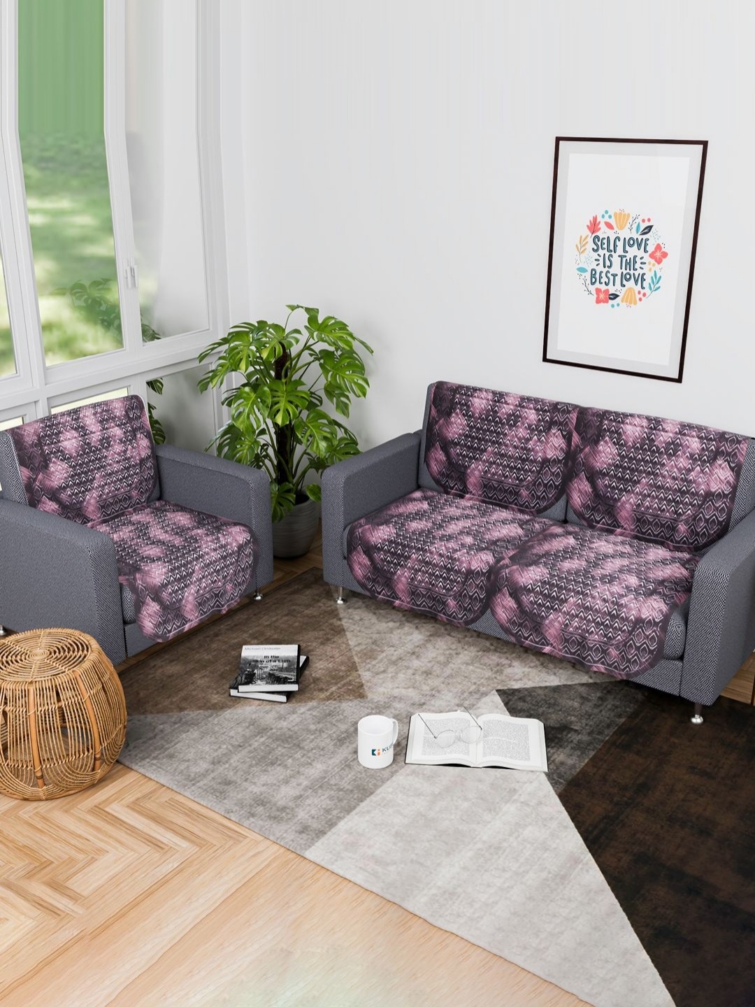 

Aura 6 Pieces Brown And Pink Floral Printed Cotton Sofa Covers