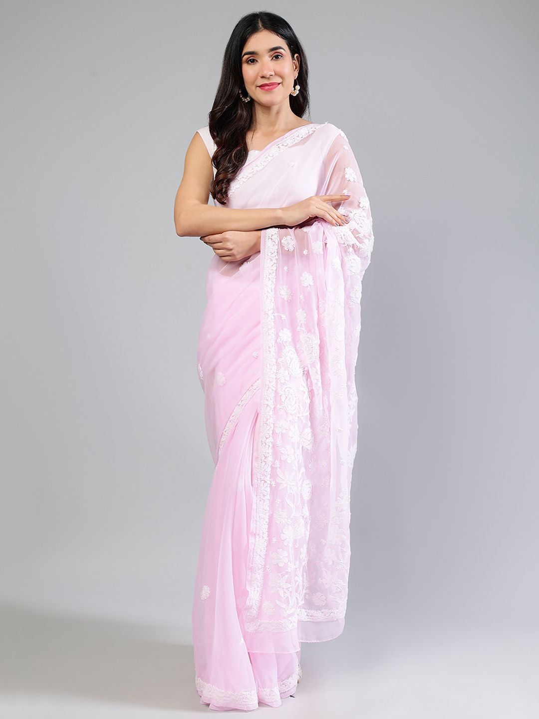 

Seva Chikan Floral Embroidered Poly Georgette Saree, Pink