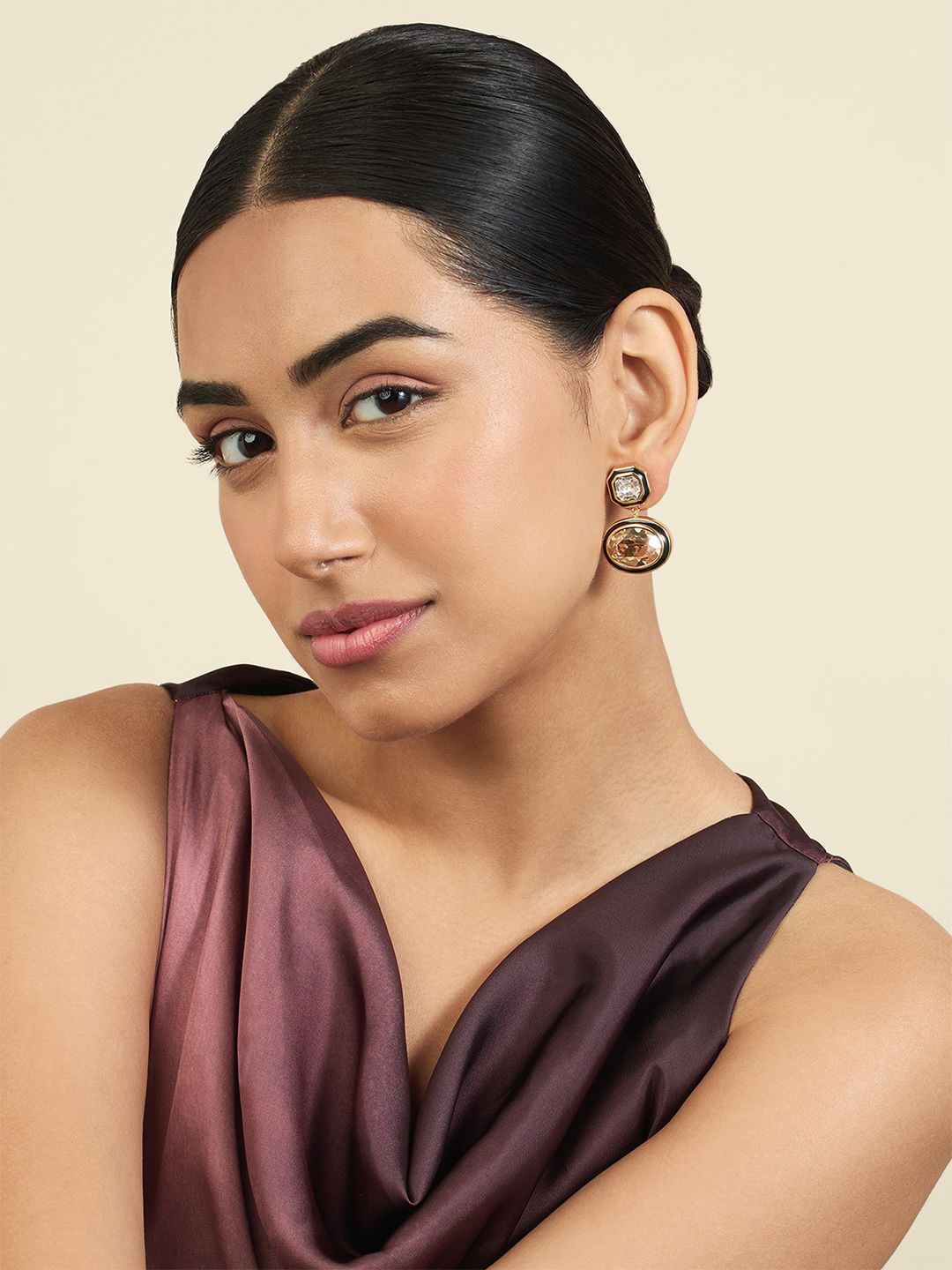 

Isharya 18Kt Gold Plated Contemporary Crystals Studded Drop Earrings