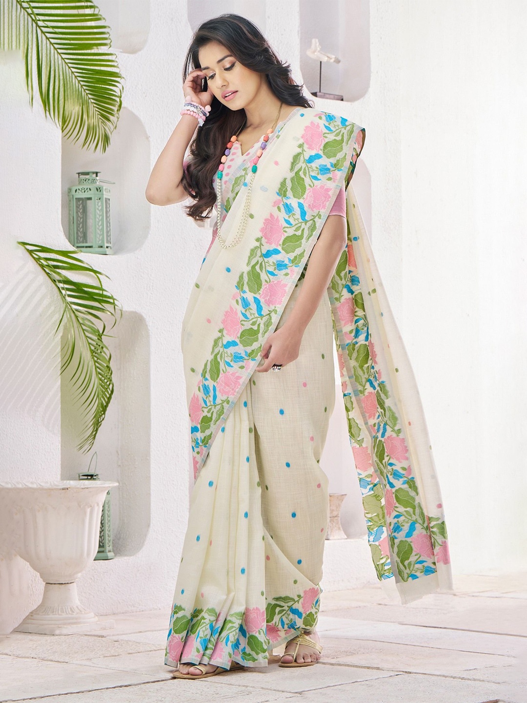

MySilkLove Sisal White Woven Linen Saree