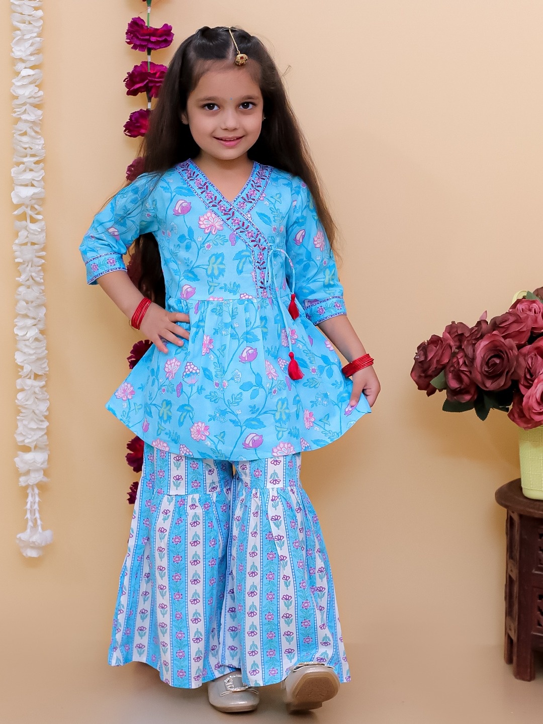 

Aj DEZInES Girls Floral Printed Angrakha Pure Cotton Kurta with Sharara, Blue