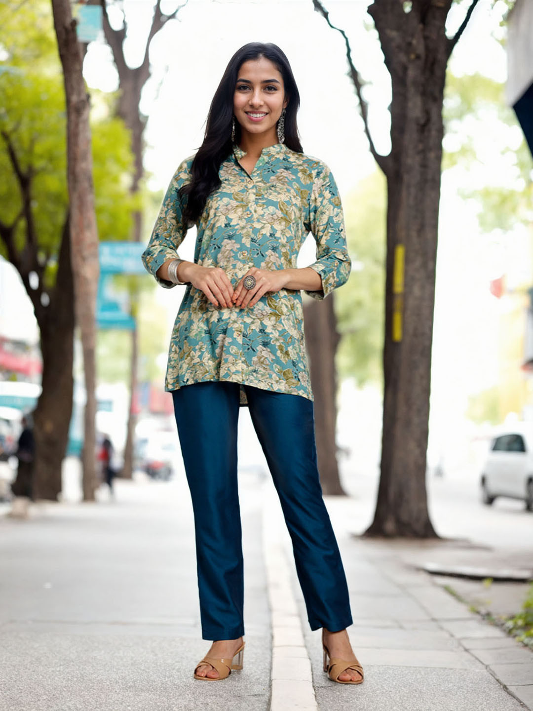 

Moda Rapido Floral Printed Mandarin Collar Neck Tunic With Trousers, Teal