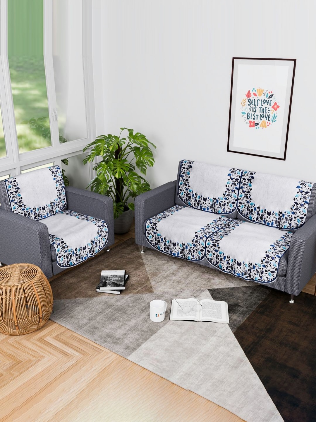 

Aura Blue & Grey 6 Pieces Self Design Velvet 3 Seater Sofa Cover