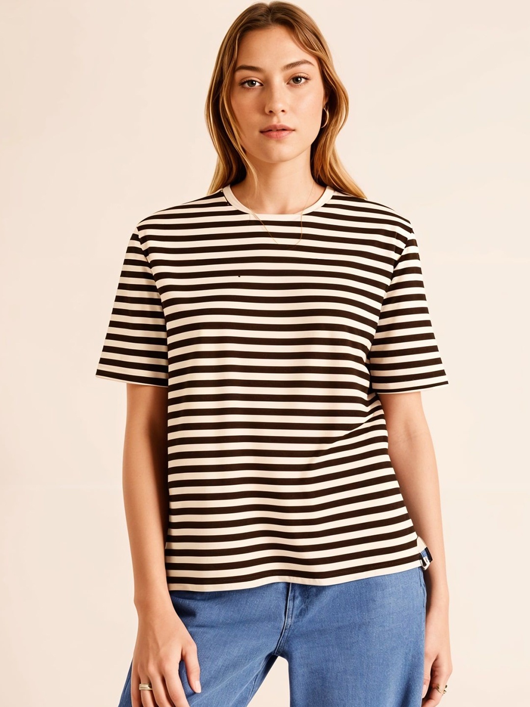 

DressBerry Women Striped Drop-Shoulder Sleeves Cut Outs T-shirt, Brown