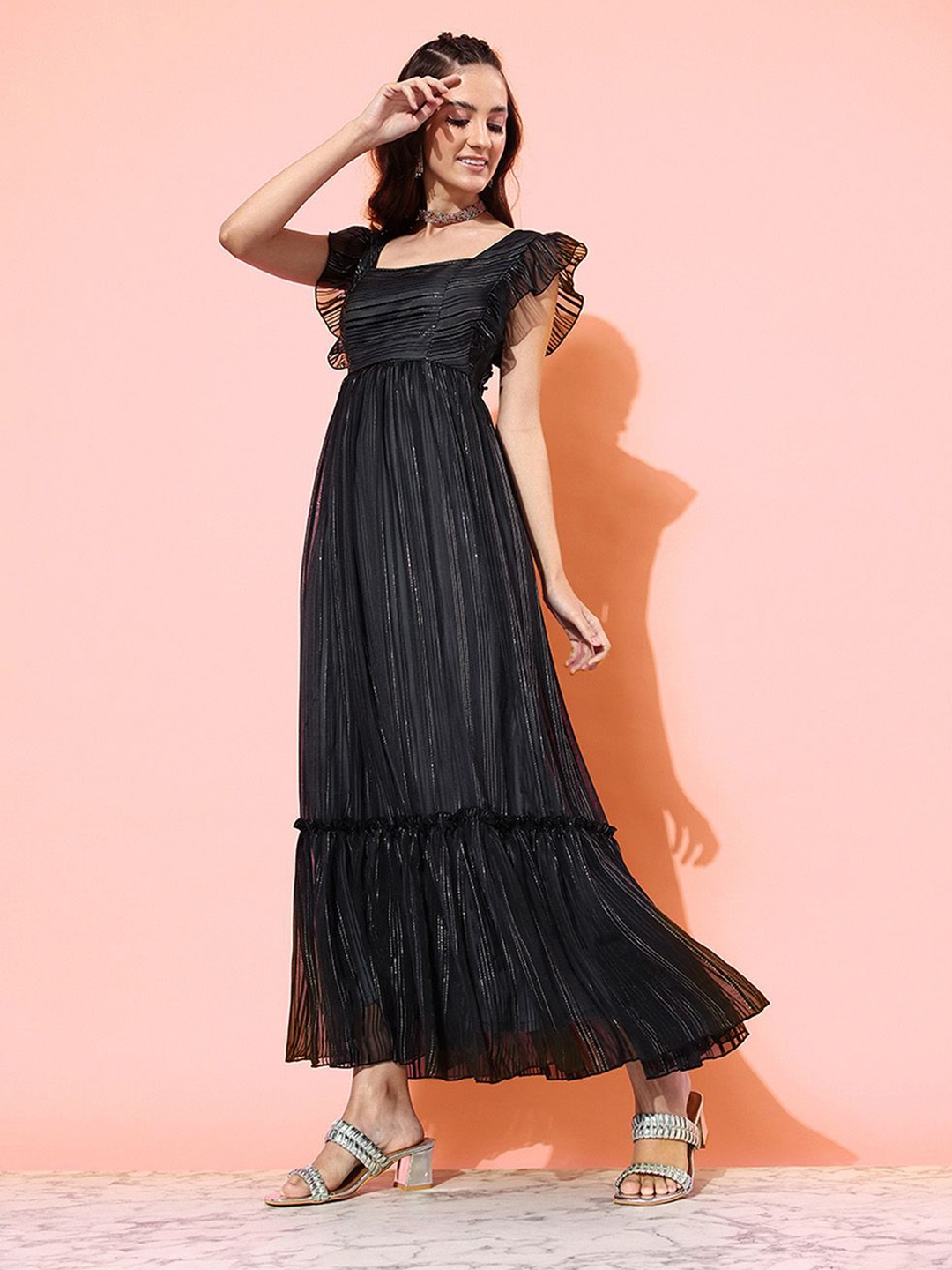 

all about you Striped Flutter Sleeve Georgette Maxi Dress, Black