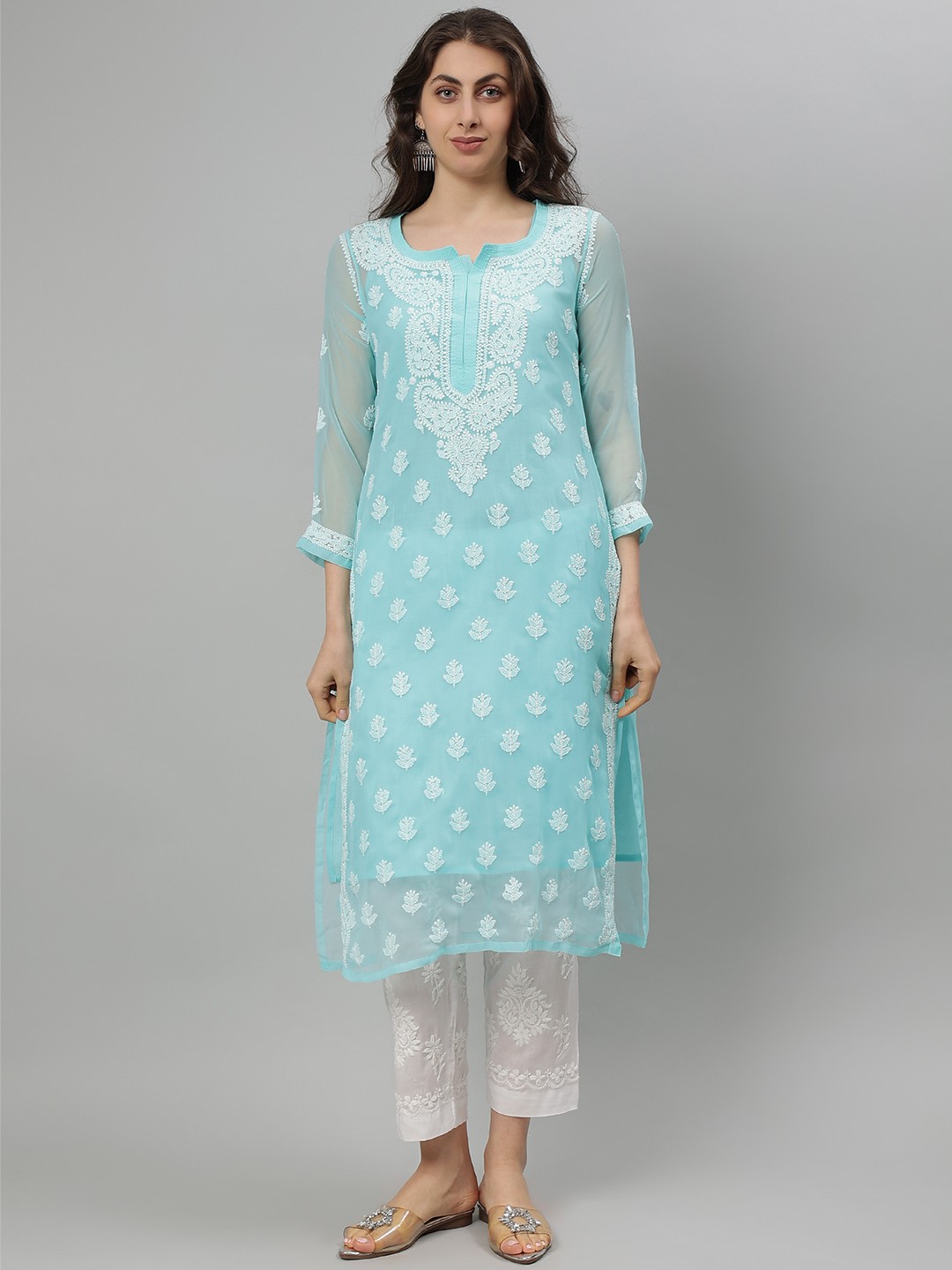 

Seva Chikan Floral Embroidered Notch Neck Georgette Lucknowi Chikankari Straight Kurta, Sea green