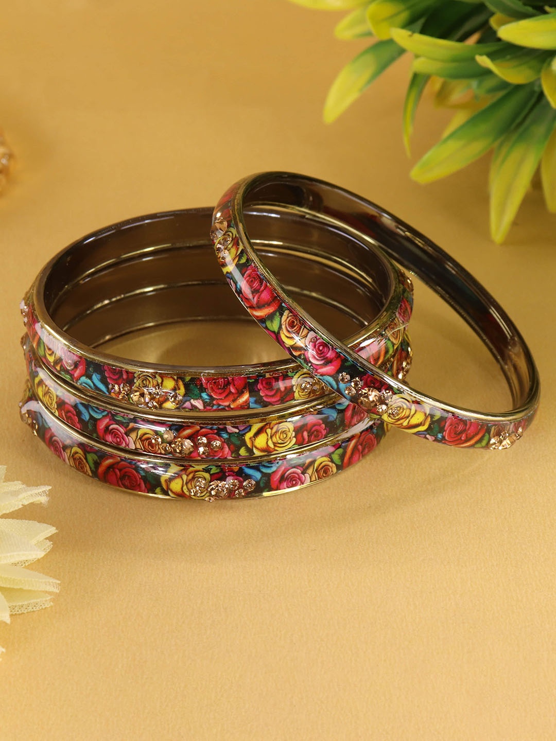 

ZULKA Set Of 4 Printed Glass CZ Stone Studded Bangles, Gold