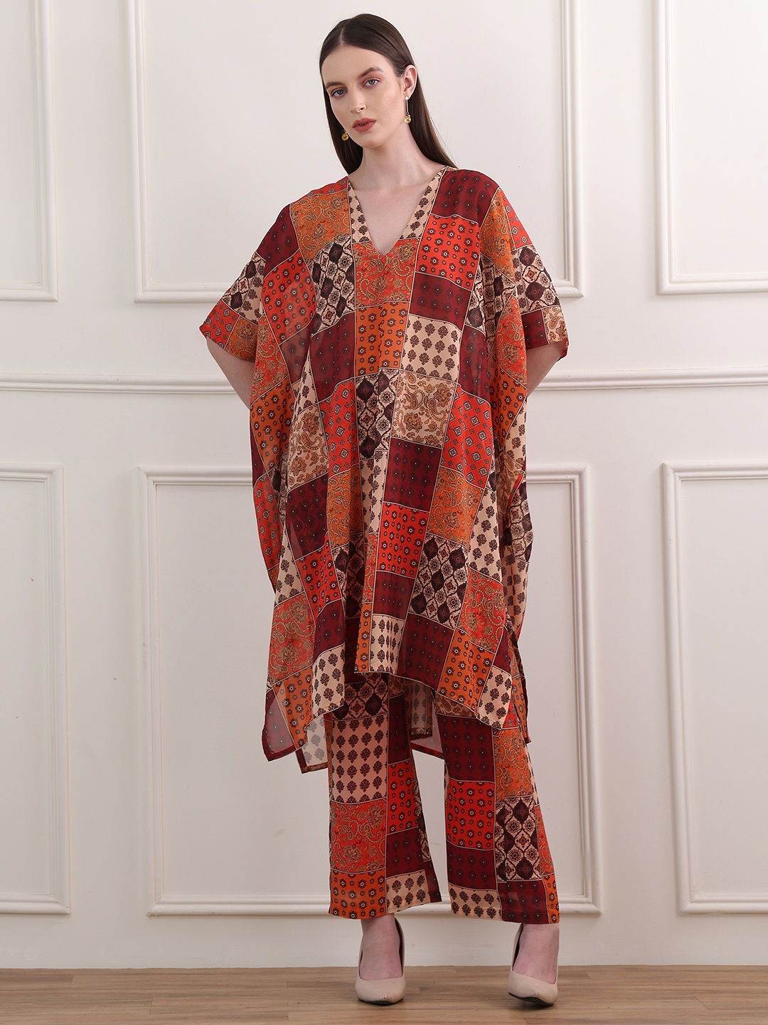 

PURVAJA Ethnic Motifs Printed V-Neck Tunic With Palazzo, Red