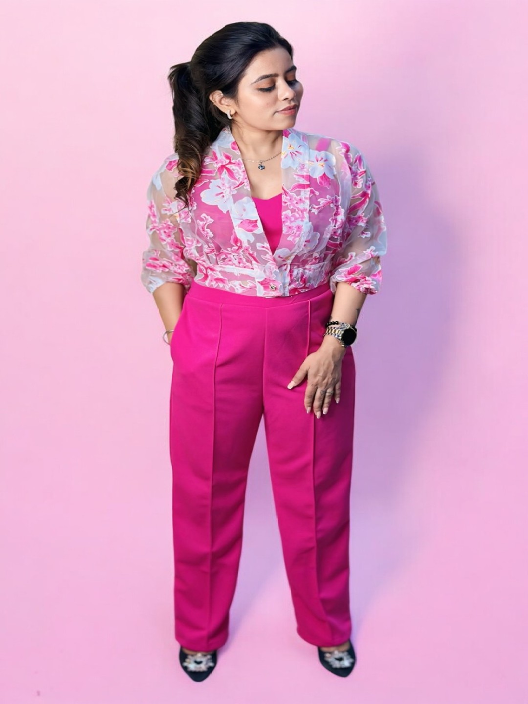 

HOW House Of Wear Floral Printed Top With Trousers & Jacket, Pink