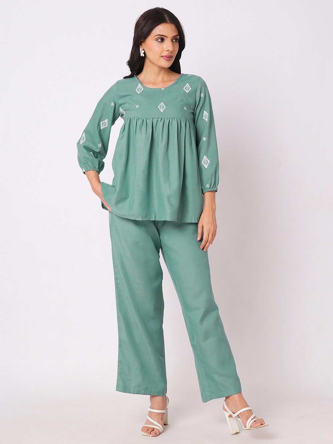 

Moda Rapido Embroidered Peplum Top & Trousers, Turquoise blue