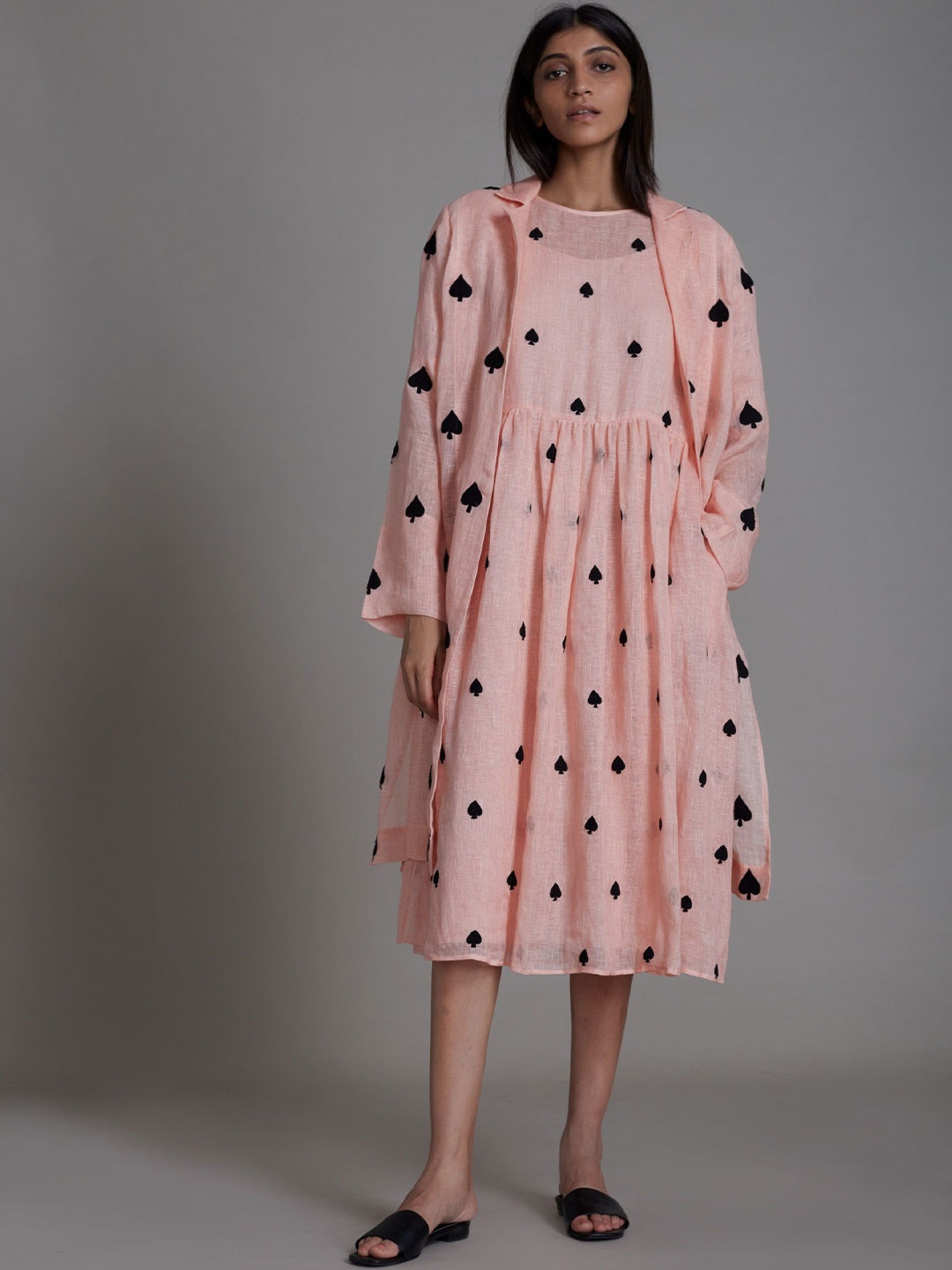 

MATI Geometric Printed Round Neck Linen Fit & Flare Midi Dress With Shrug, Pink