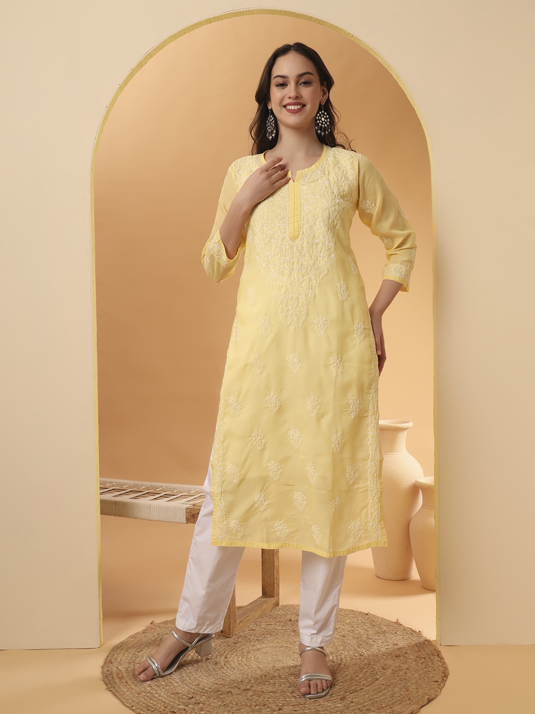 

The Chikan Label Women Hand Embroidered Chikankari Straight Kurta, Yellow