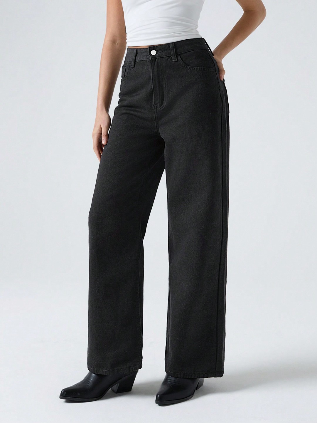 

NU CLOTHS Women Jean Wide Leg High-Rise Stretchable Jeans, Black