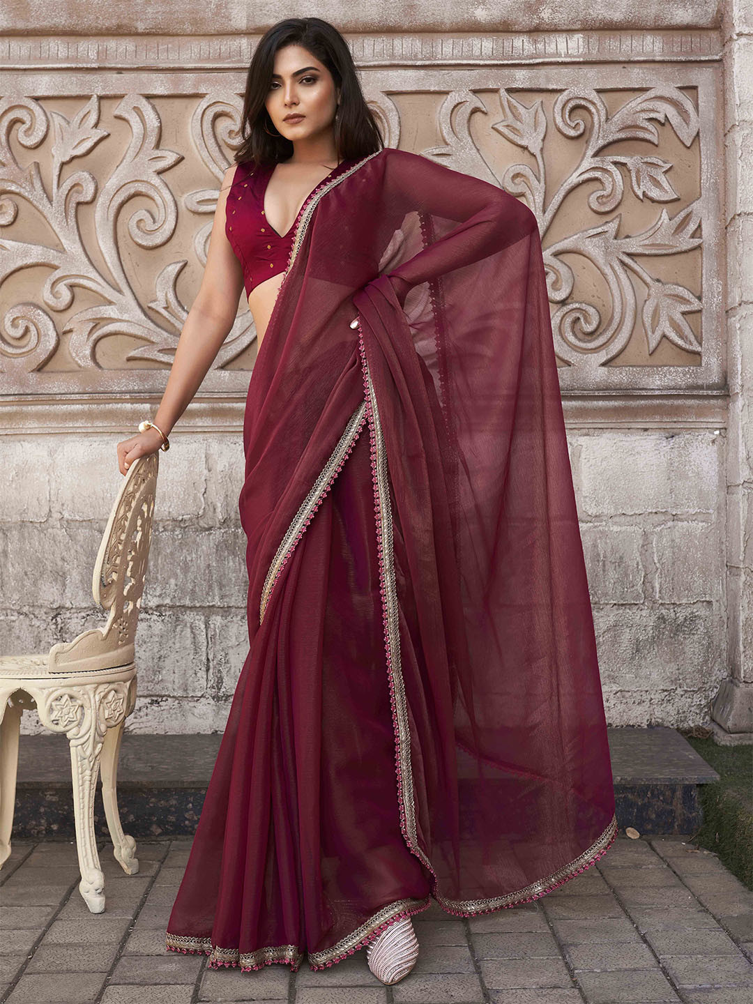 

Tikhi Imli Poly Chiffon Designer Saree, Pink