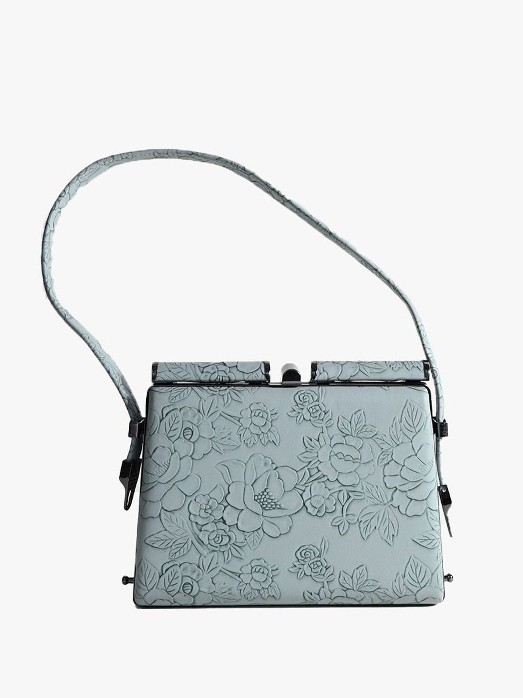 

ODETTE Floral Textured PU Structured Sling Bag with Cut Work, Blue