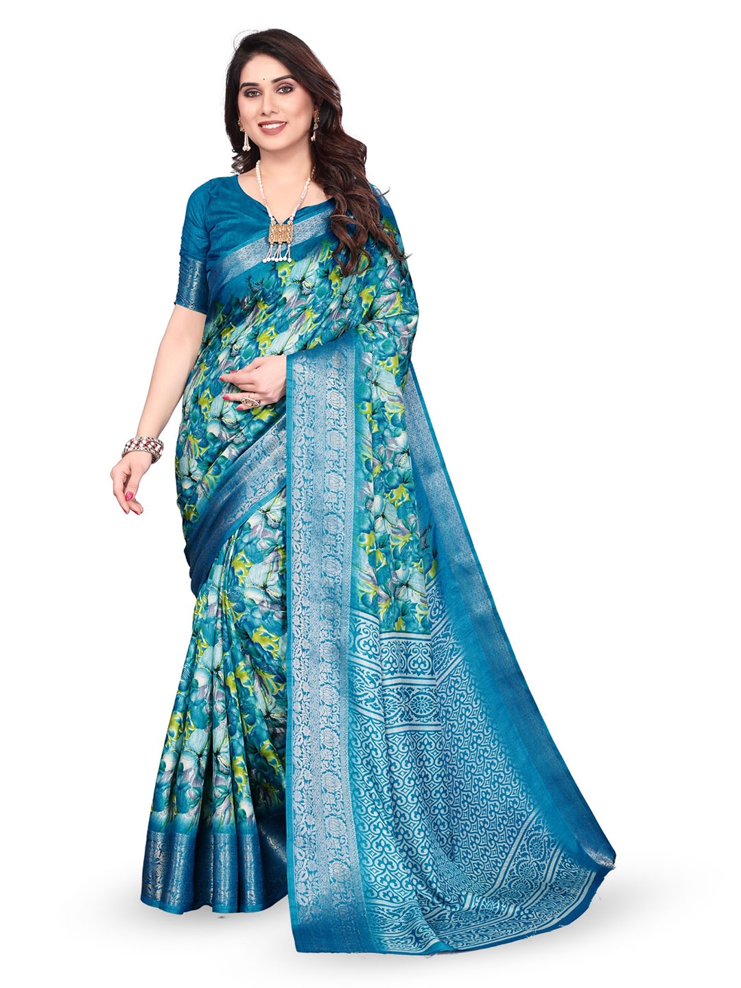 

MAGNEITTA Floral Zari Silk Blend Saree, Turquoise blue