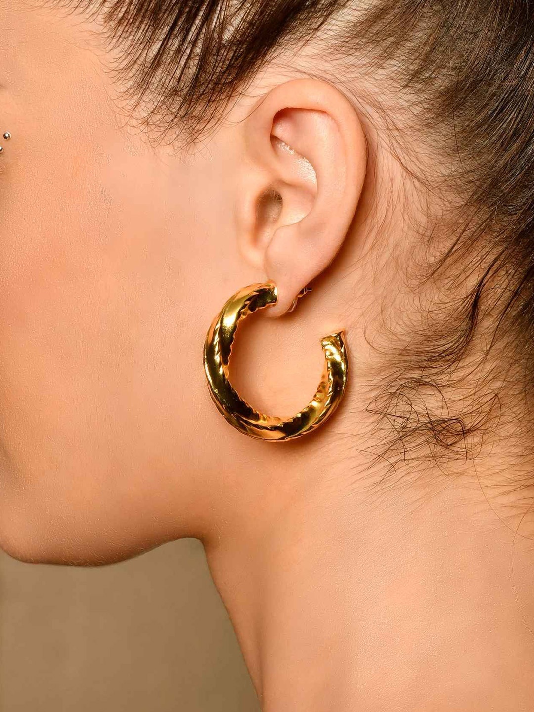 

MNSH Brass-Plated Contemporary Shaped Textured Half Hoop Earrings, Gold