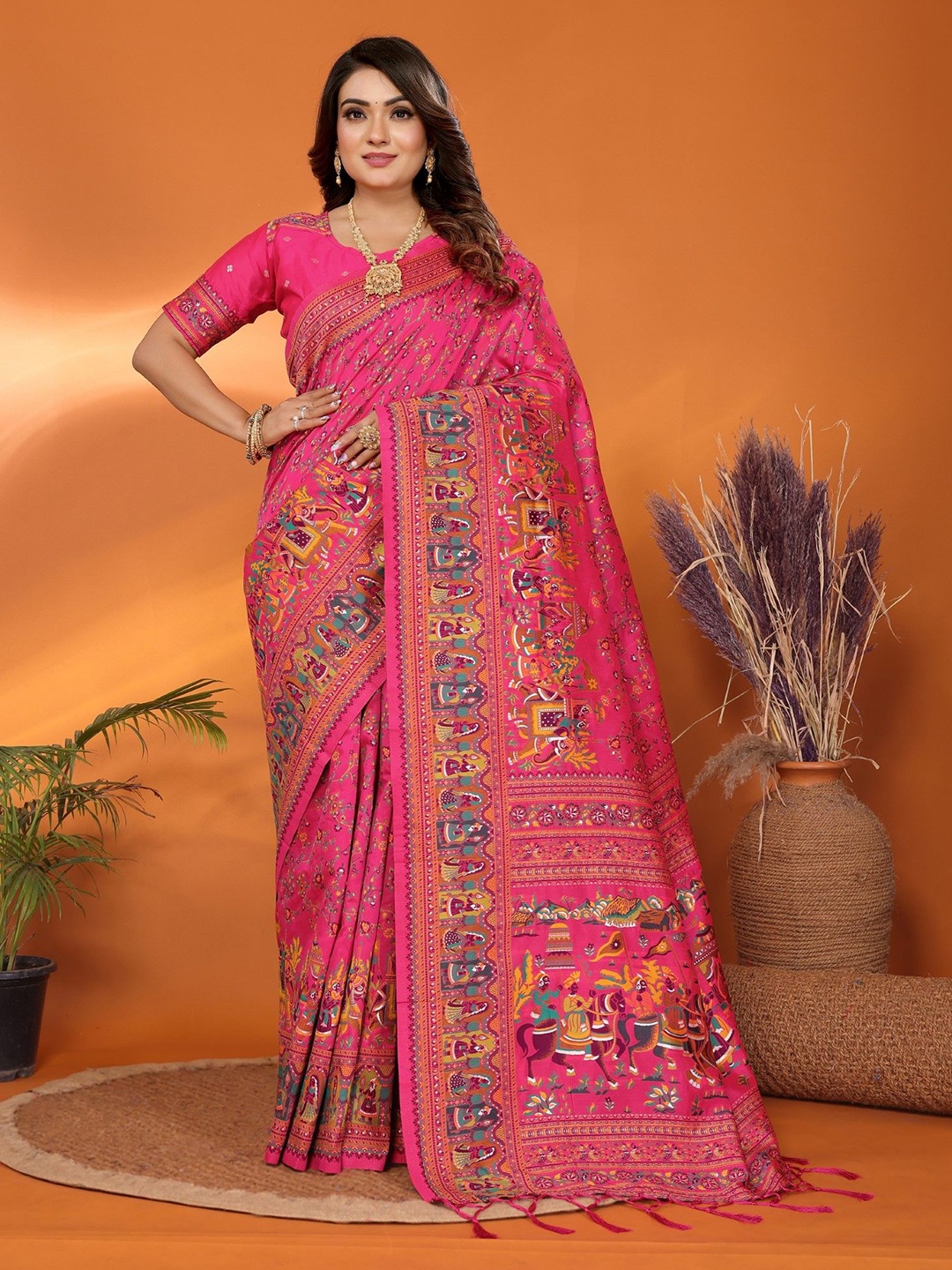 

Panzora Ethnic Motifs Zari Silk Blend Saree, Pink