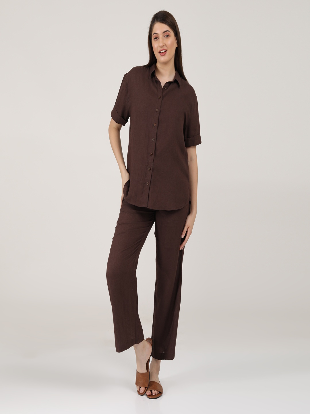

Saltpetre Linen Short Sleeves Shirt With Trousers Co-Ords, Coffee brown