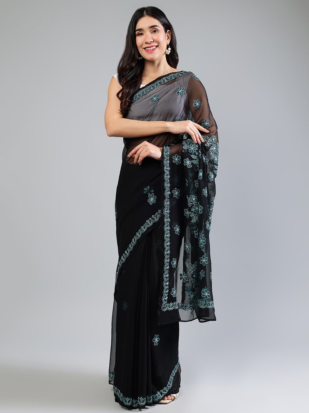 

Seva Chikan Ethnic Motifs Embroidered Poly Georgette Saree, Black