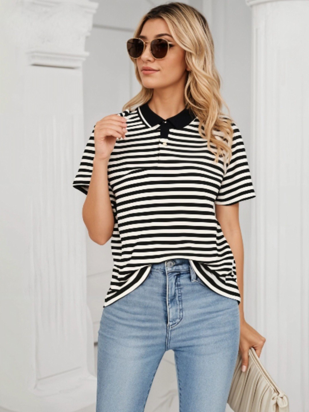 

DressBerry Women Striped Polo Collar Monochrome Pockets T-shirt, Black